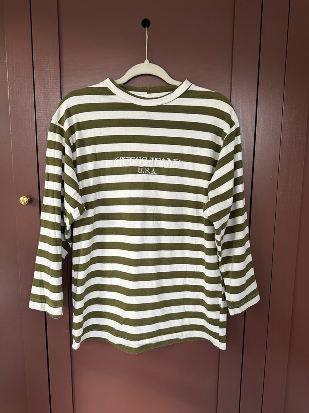 Guess Jeans USA Olive Green & White Striped Long Sleeve Tee